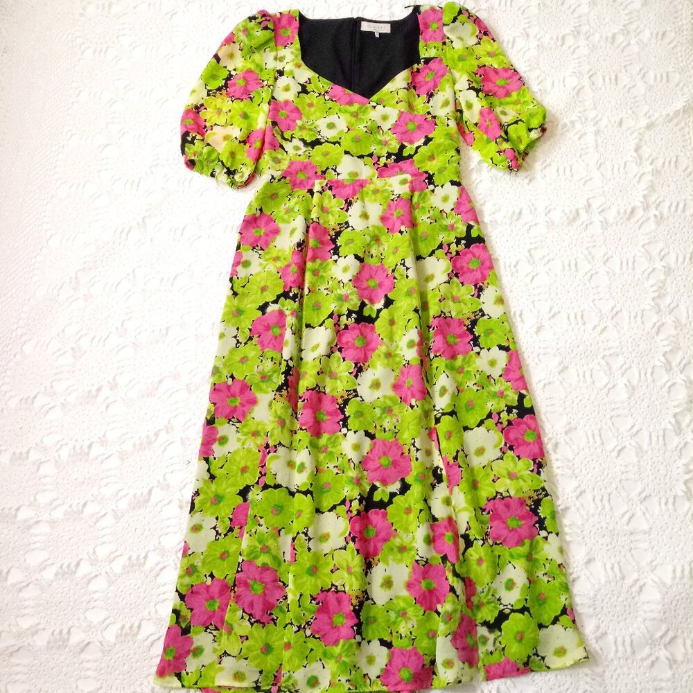 Wayf Fit Flare Midi Dress Floral Green Pink Empire Waist Sweetheart medium Women